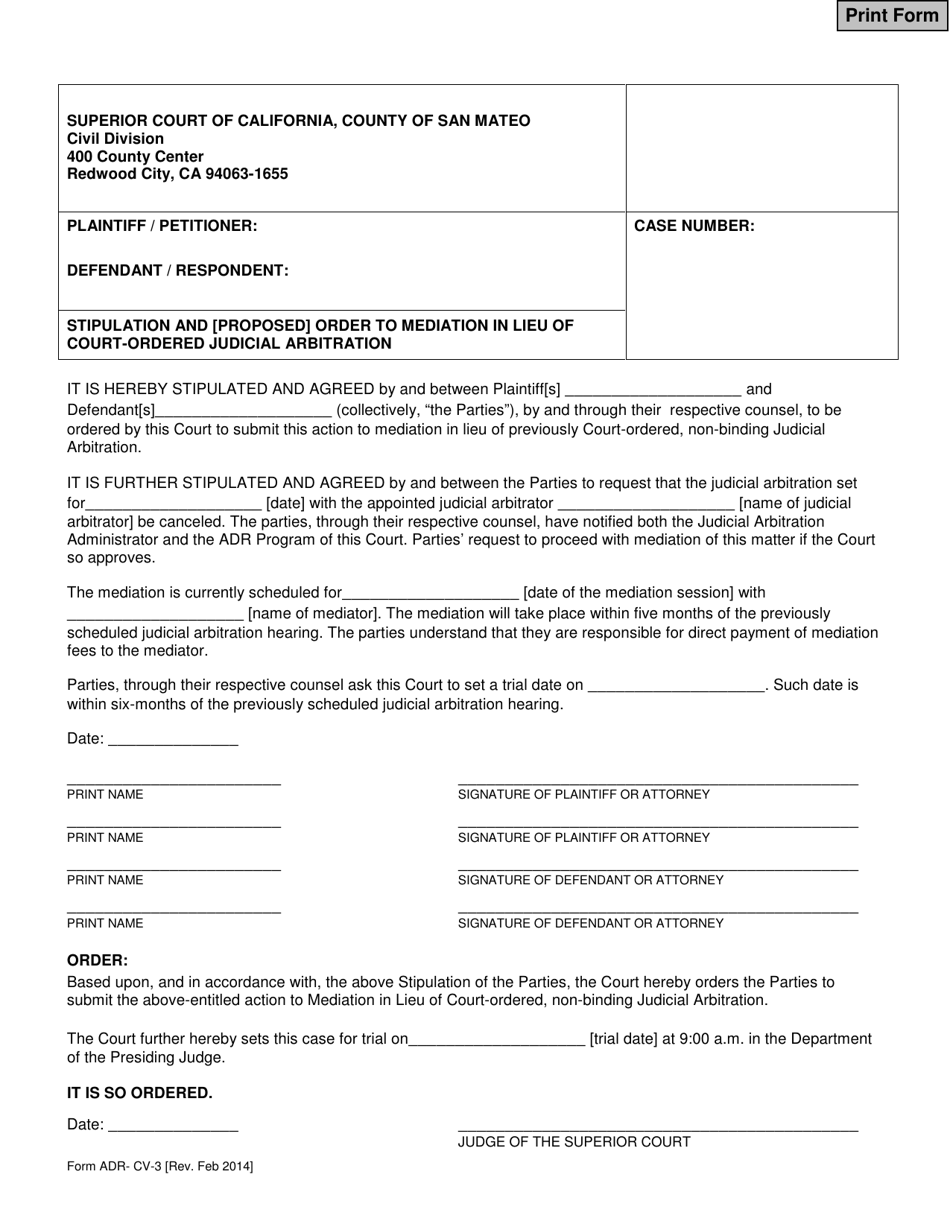 Form ADR-CV-3 - Fill Out, Sign Online and Download Fillable PDF, County ...