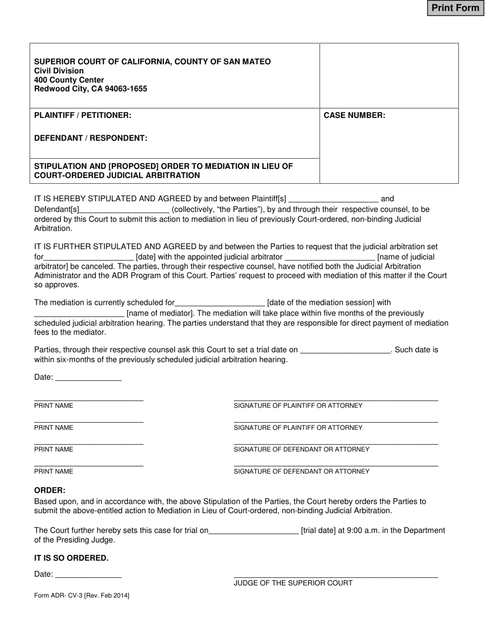 Form ADR-CV-3 Stipulation and Order to Mediation in Lieu of Court-Ordered Judicial Arbitration - County of San Mateo, California, Page 1