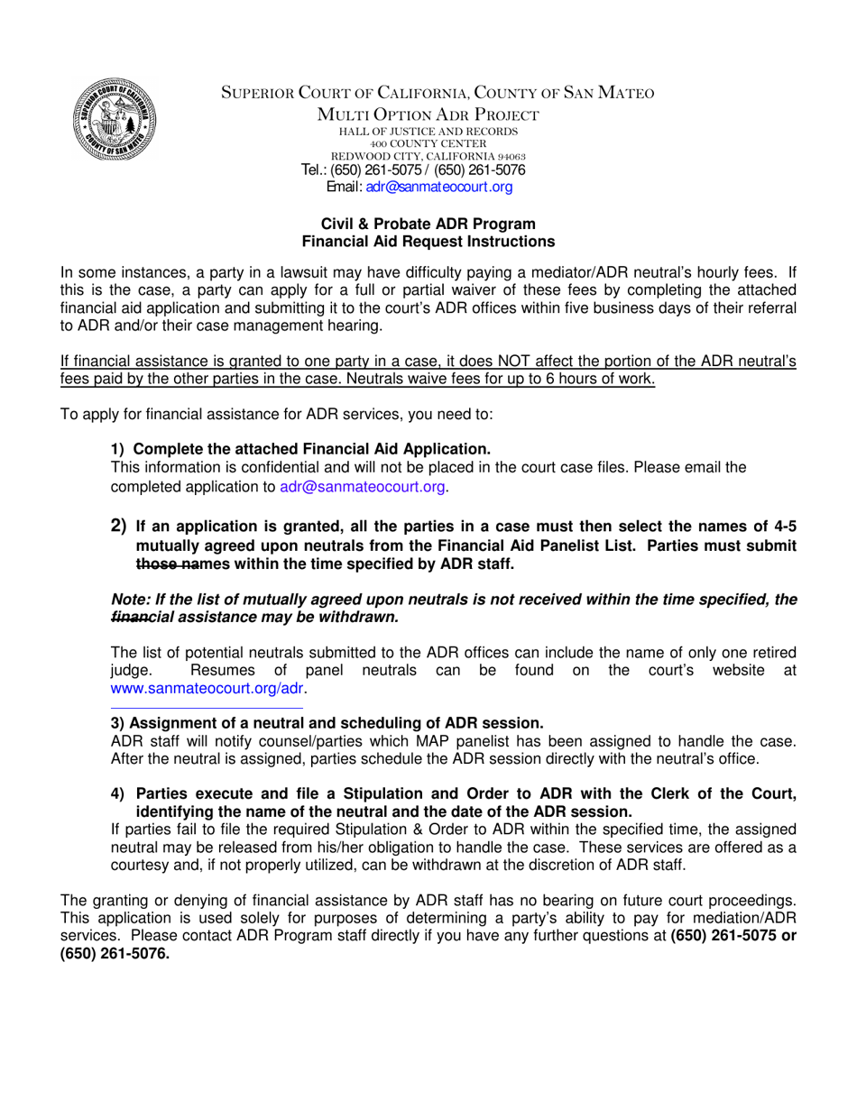 Form ADR-9 Application for Financial Aid for Adr Services - County of San Mateo, California, Page 1
