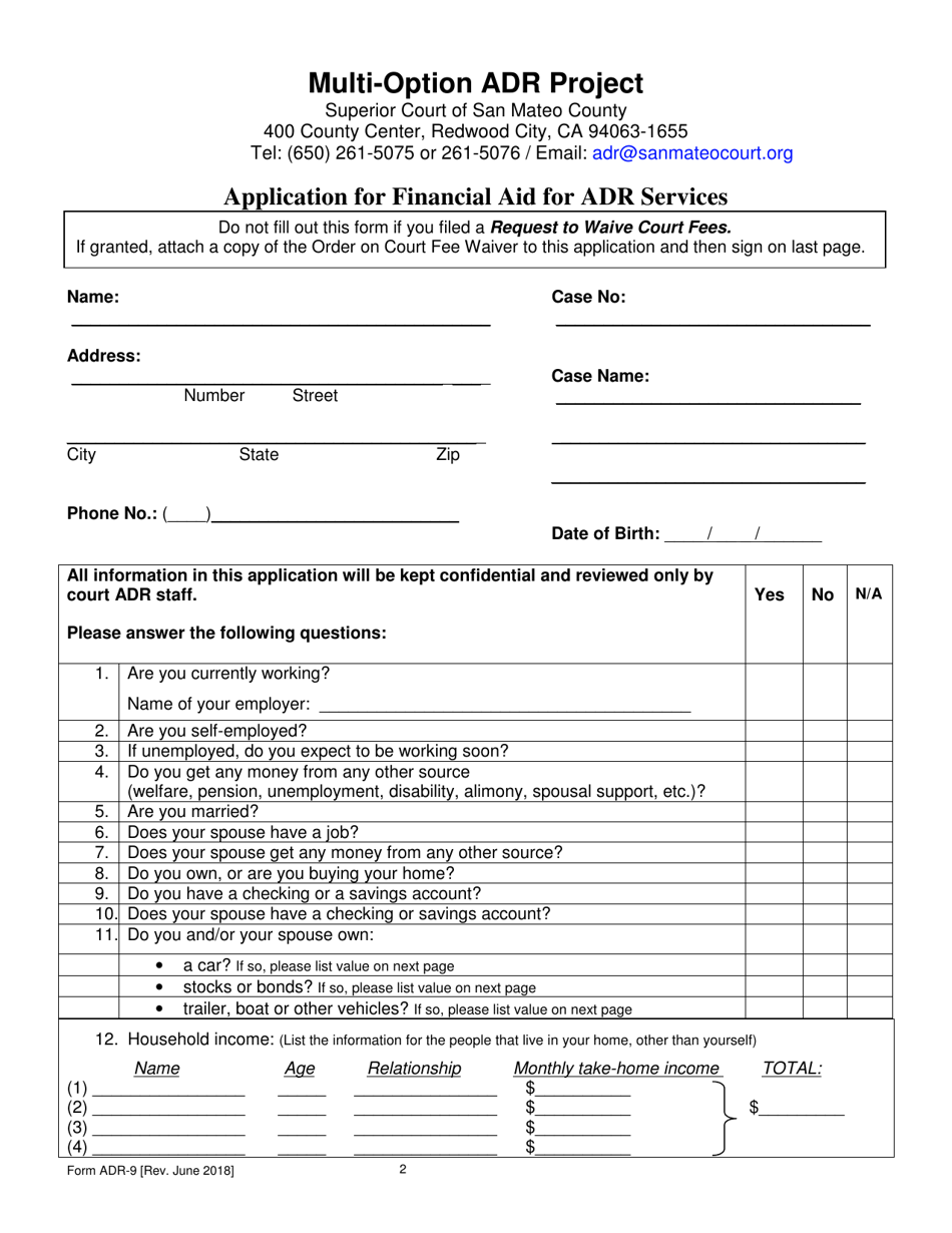 Form ADR-9 Application for Financial Aid for Adr Services - County of San Mateo, California, Page 2