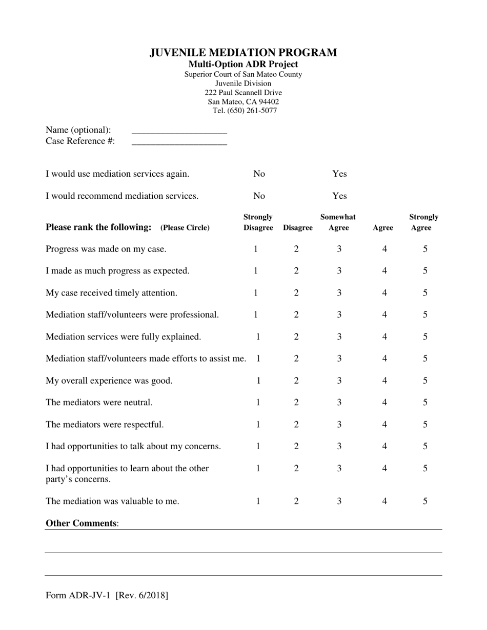 Form ADR-JV-1 Juvenile Dependency Mediation Evaluation Form - County of San Mateo, California, Page 1