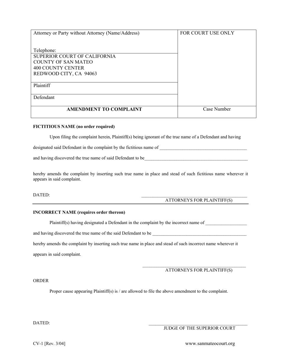 Form CV-1 Amendment to Complaint - County of San Mateo, California, Page 1