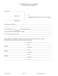 Document preview: Form FL-5 Memorandum That Civil Case Is at Issue - County of San Mateo, California