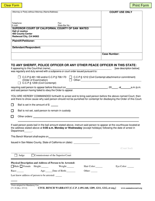 Form CV-39 Civil Bench Warrant - County of San Mateo, California