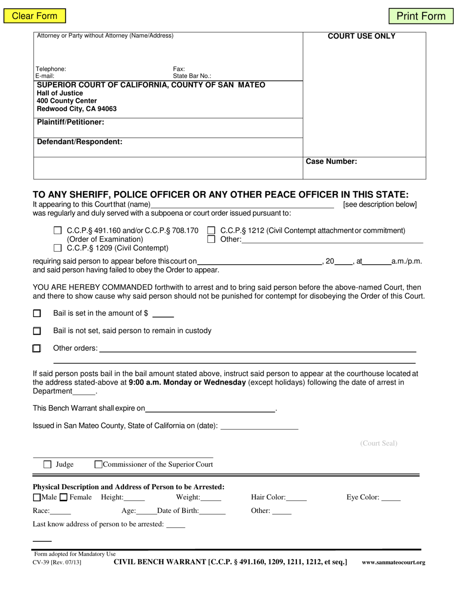 Form CV-39 Civil Bench Warrant - County of San Mateo, California, Page 1