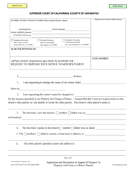 Form CV-66 Application and Declaration in Support of Request to Dispense With Notice to Minor's Parent - County of San Mateo, California