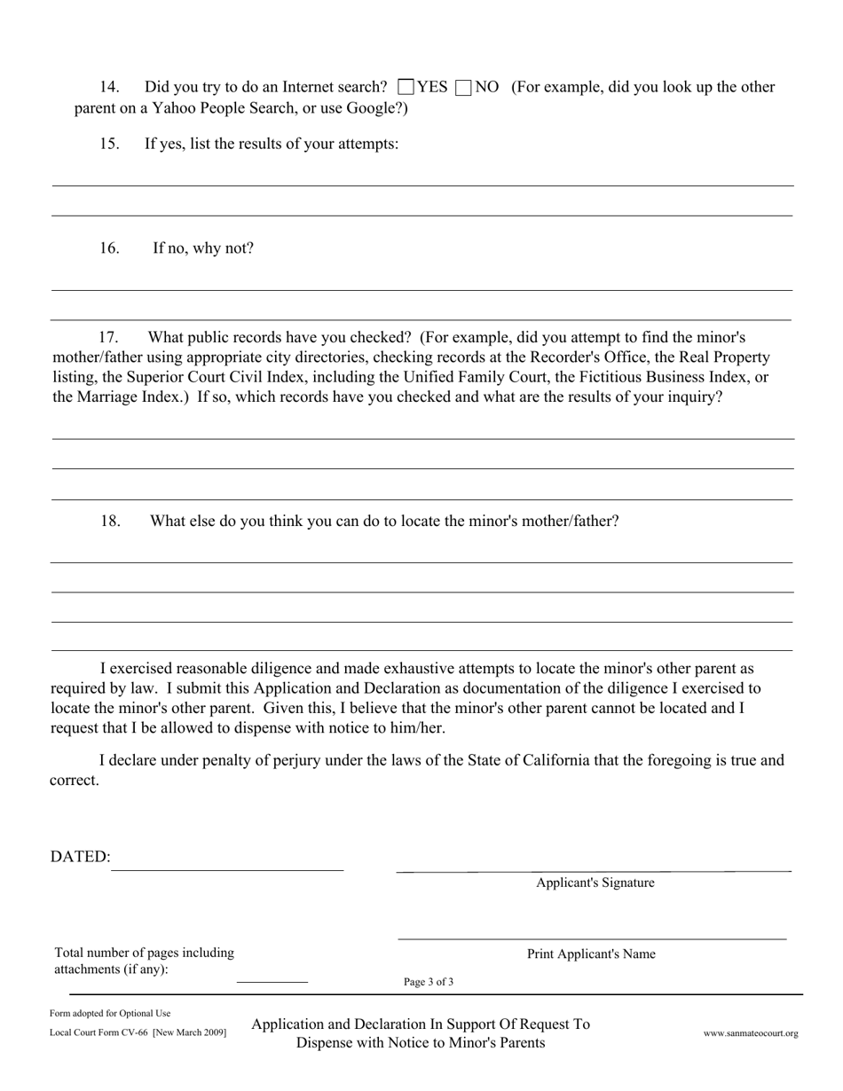 Form CV-66 Application and Declaration in Support of Request to Dispense With Notice to Minors Parent - County of San Mateo, California, Page 3