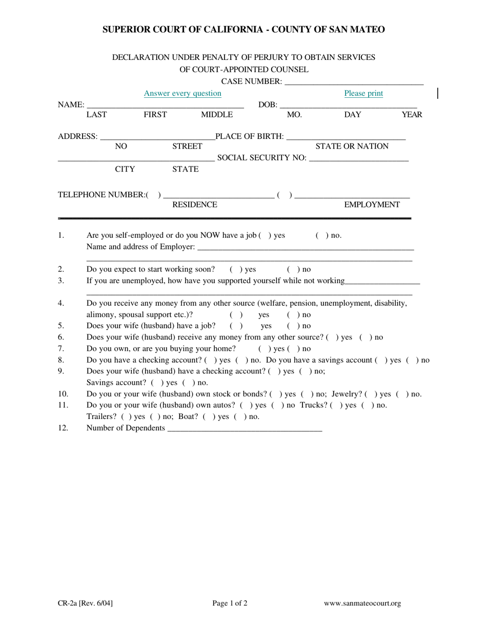 Form CR-2A Declaration Under Penalty of Perjury to Obtain Services of Court-Appointed Counsel - County of San Mateo, California, Page 1