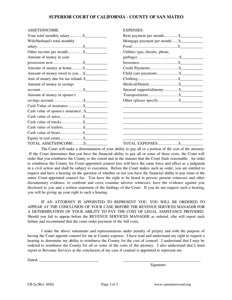 Form CR-2A Declaration Under Penalty of Perjury to Obtain Services of Court-Appointed Counsel - County of San Mateo, California, Page 2
