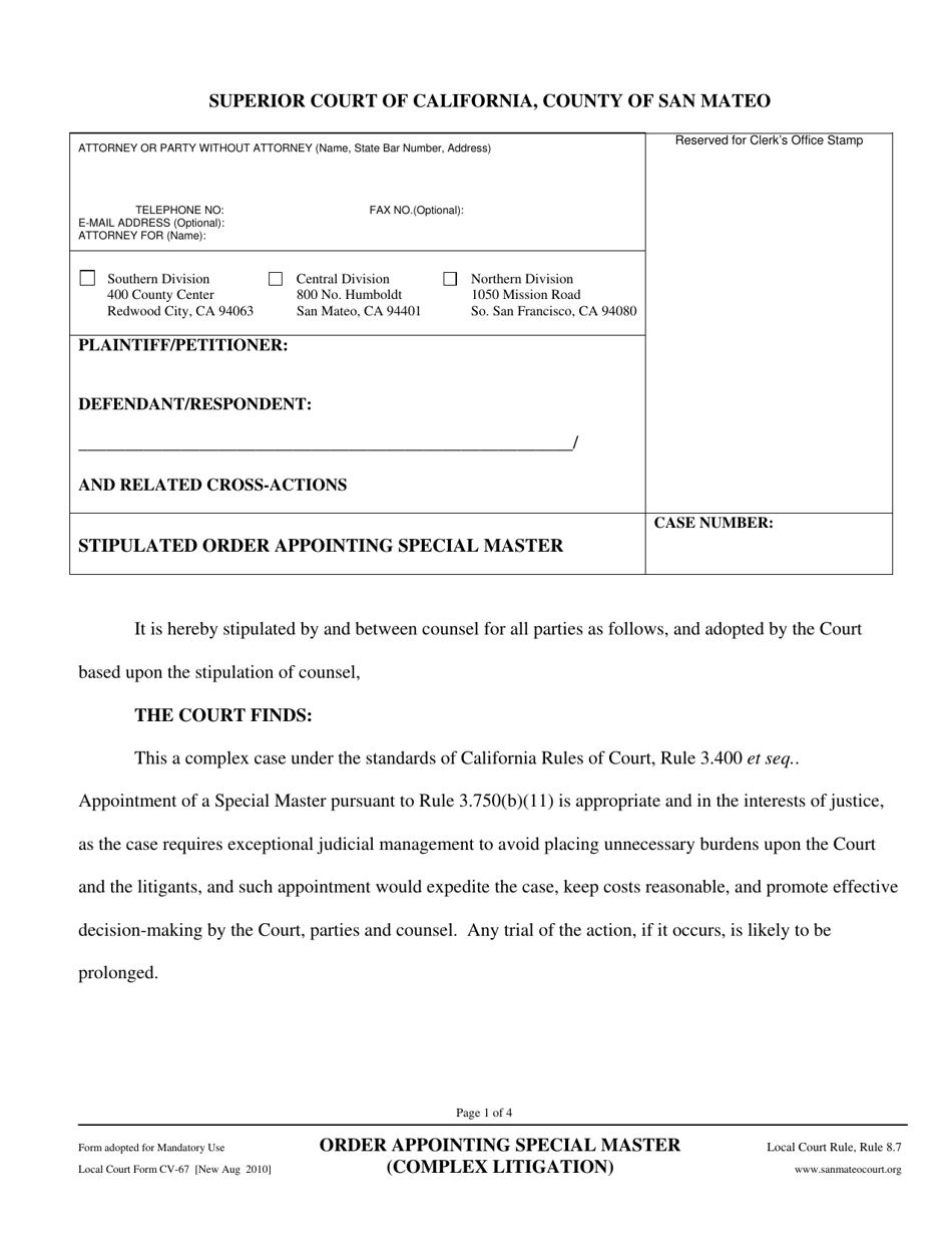 Form CV-67 Order Appointing Special Master (Complex Litigation) - County of San Mateo, California, Page 1