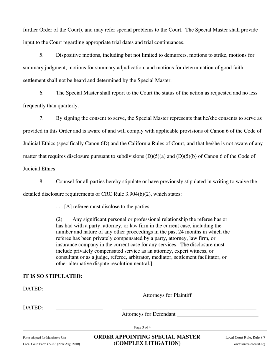 Form CV-67 Order Appointing Special Master (Complex Litigation) - County of San Mateo, California, Page 3