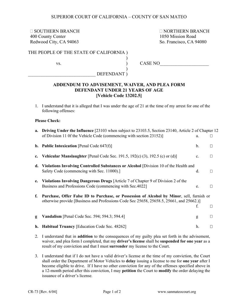 Form CR-73 Addendum to Advisement, Waiver, and Plea Form - Defendant Under 21 Years of Age - County of San Mateo, California, Page 1