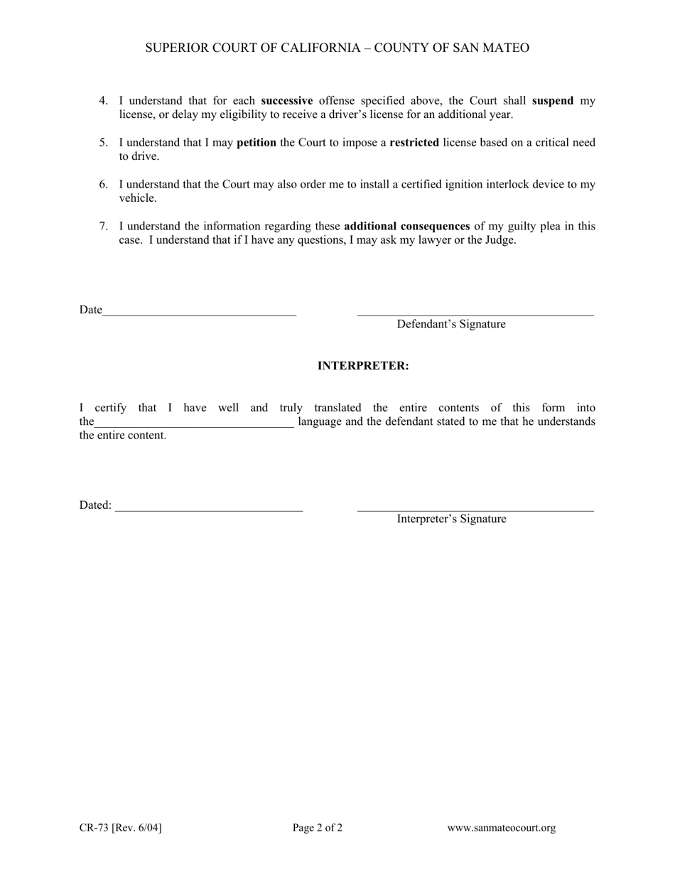 Form CR-73 - Fill Out, Sign Online and Download Printable PDF, County ...