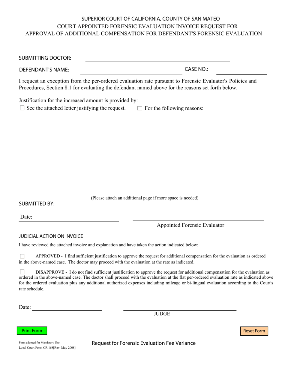 Form CR-168 Request for Forensic Evaluation Fee Variance - County of San Mateo, California, Page 1