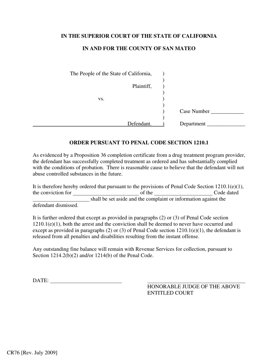 Form CR76 Order Pursuant to Penal Code Section 1210.1 - County of San Mateo, California, Page 1