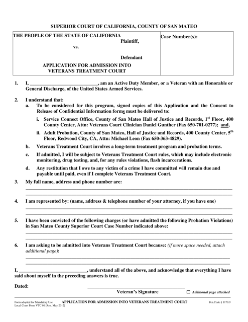 Form VTC-01 Application for Admission Into Veterans Treatment Court - County of San Mateo, California