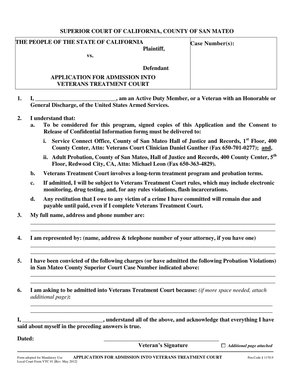 Form VTC-01 Application for Admission Into Veterans Treatment Court - County of San Mateo, California, Page 1