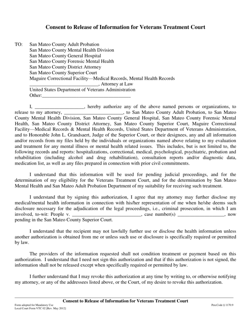 Document preview: Form VTC-02 Consent to Release of Information for Veterans Treatment Court - County of San Mateo, California