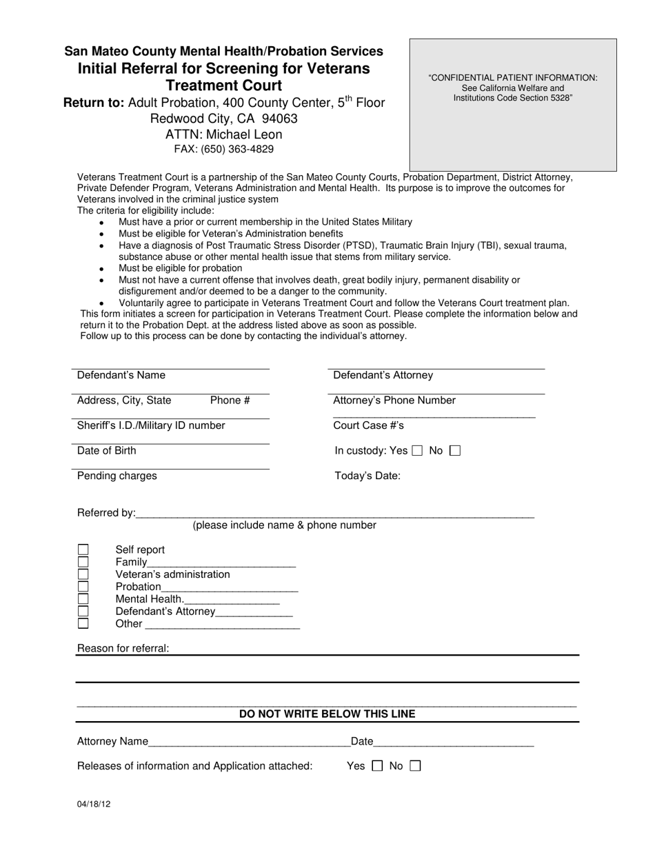 Form VTC Initial Referral for Screening for Veterans Treatment Court - County of San Mateo, California, Page 1
