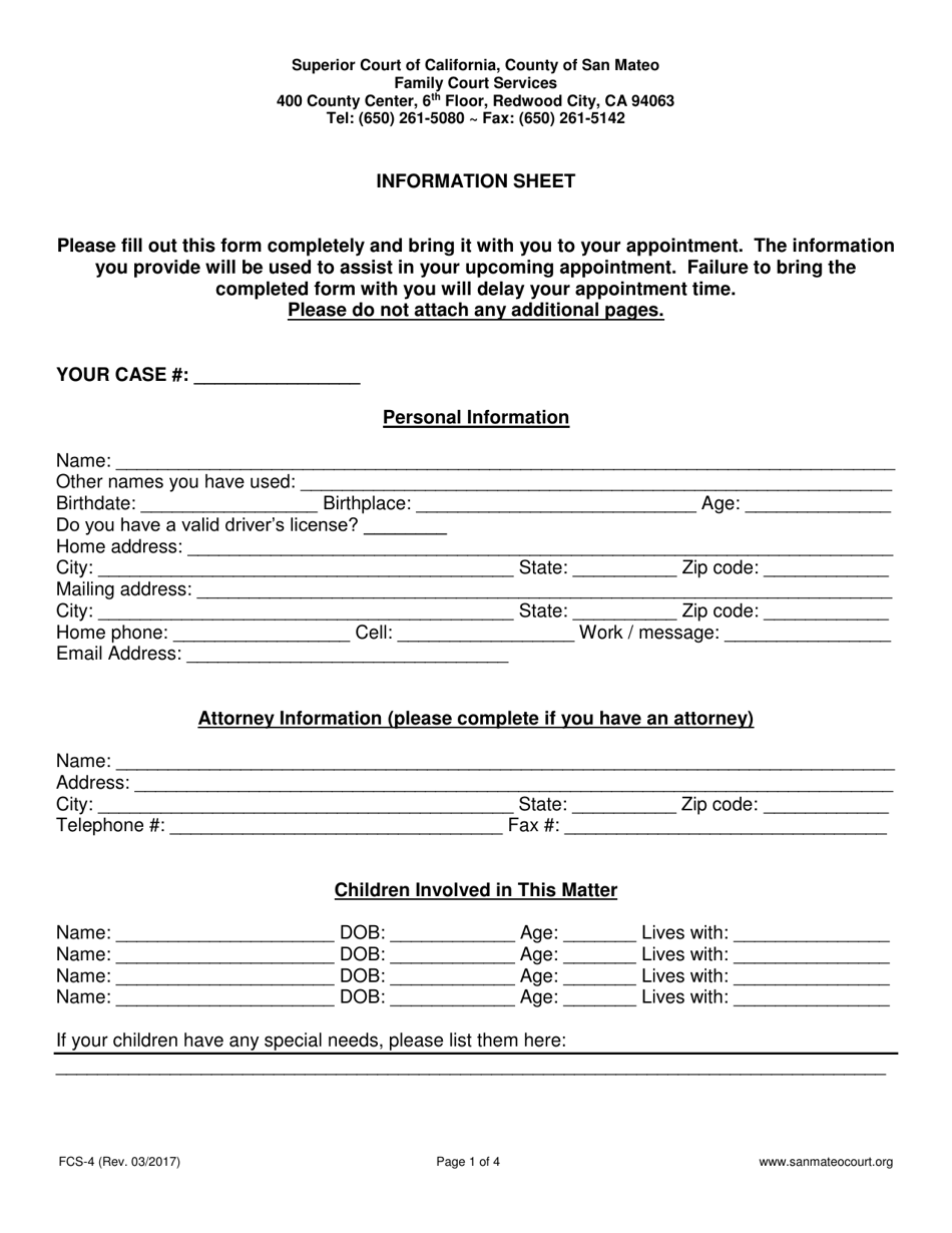 Form FCS-4 Information Sheet Mediation  Evaluation - County of San Mateo, California, Page 1