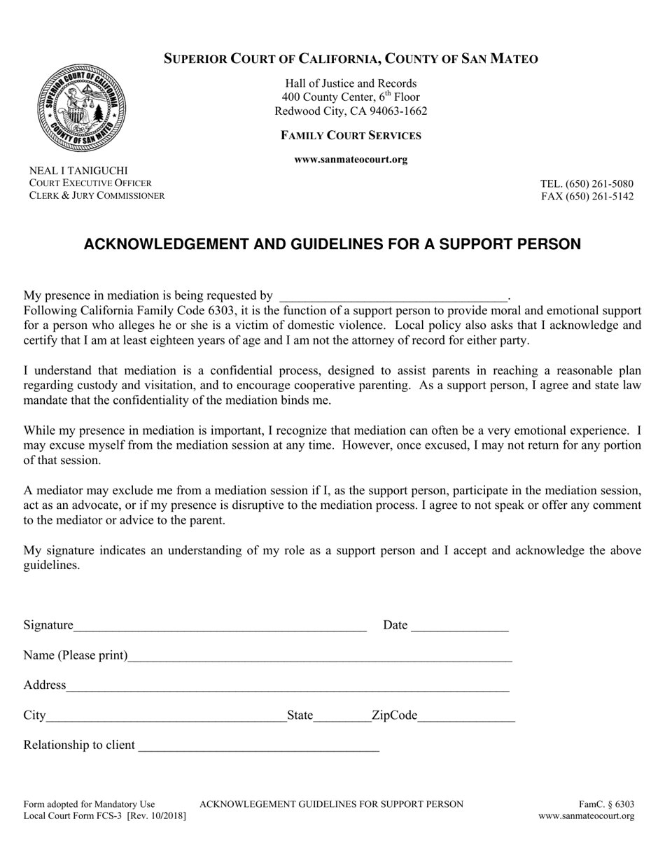 Form FCS-3 Acknowledgement and Guidelines for a Support Person - County of San Mateo, California, Page 1