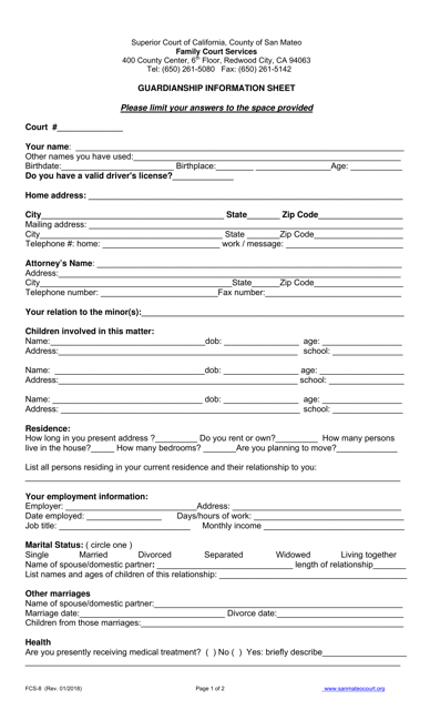 Form FCS-8 Guardianship Information Sheet - County of San Mateo, California