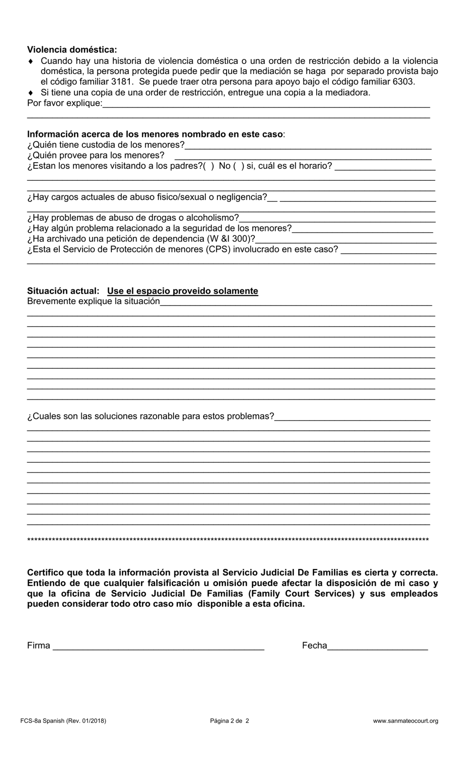 Formulario FCS-8A Formulario Para Tutelas Servicio De Mediacion Y Evaluaciones - County of San Mateo, California (Spanish), Page 2
