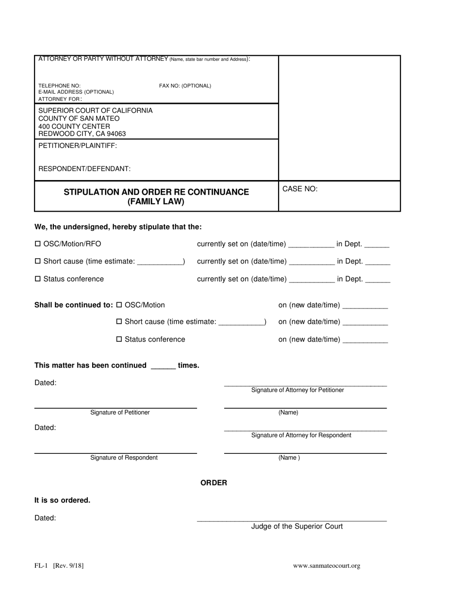 Form FL-1 Stipulation and Order Re Continuance (Family Law) - County of San Mateo, California, Page 1