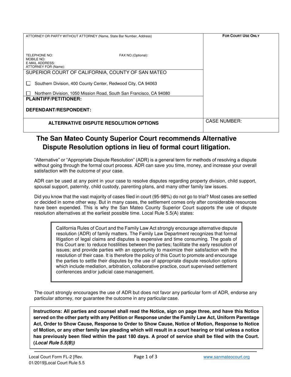Form FL-2 Alternative Dispute Resolution Options - County of San Mateo, California, Page 1