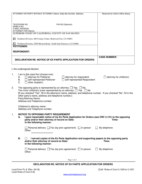 Form FL-8 Declaration Re: Notice of Ex Parte Application for Orders - County of San Mateo, California