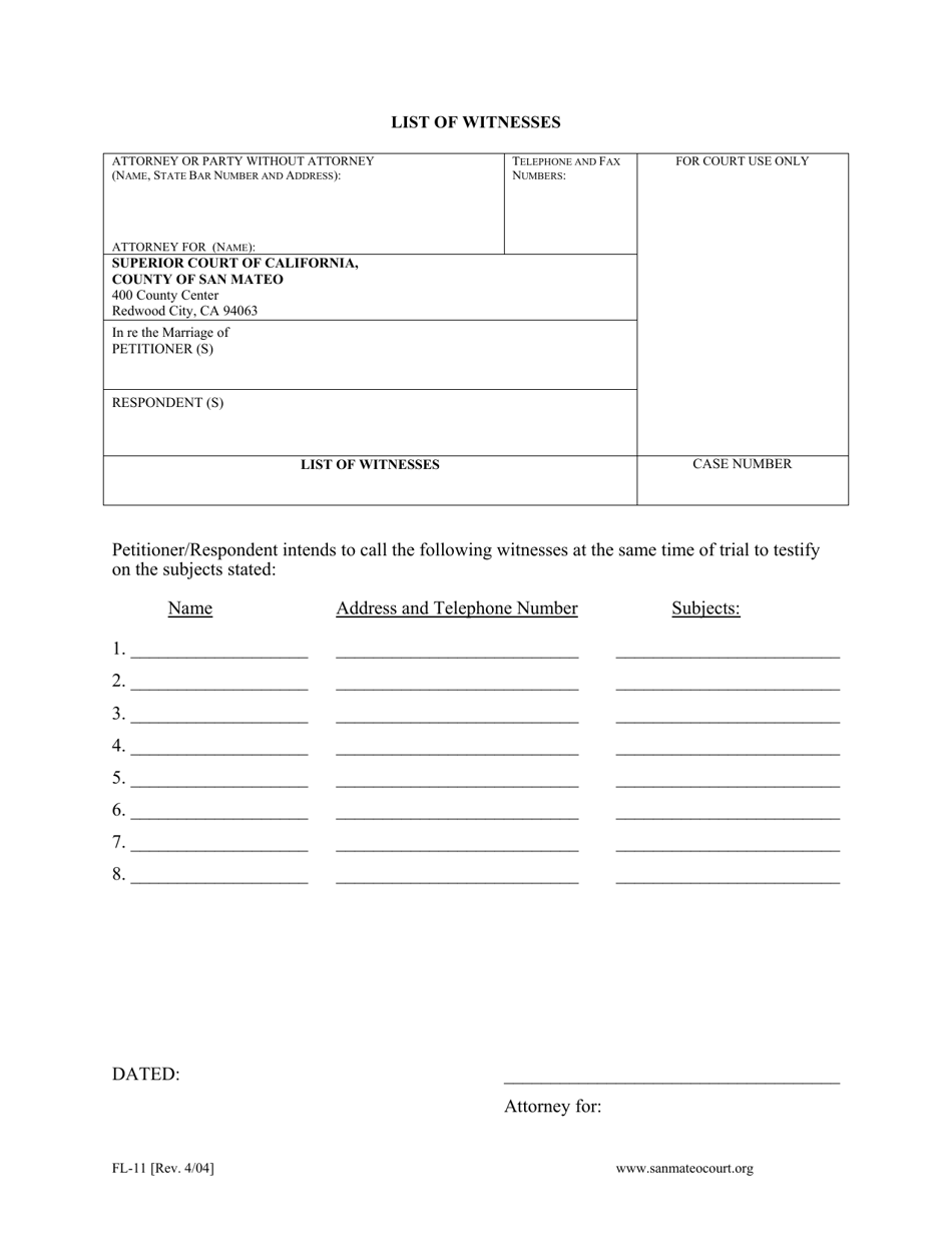 Form FL-11 List of Witnesses - County of San Mateo, California, Page 1