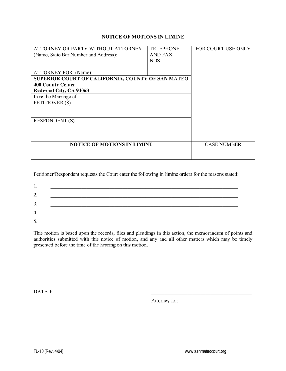 Form FL-10 Notice of Motions in Limine - County of San Mateo, California, Page 1