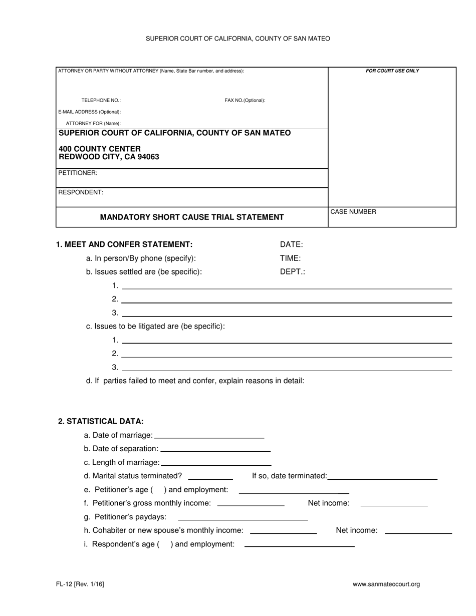 Form FL-12 Mandatory Short Cause Trial Statement - County of San Mateo, California, Page 1