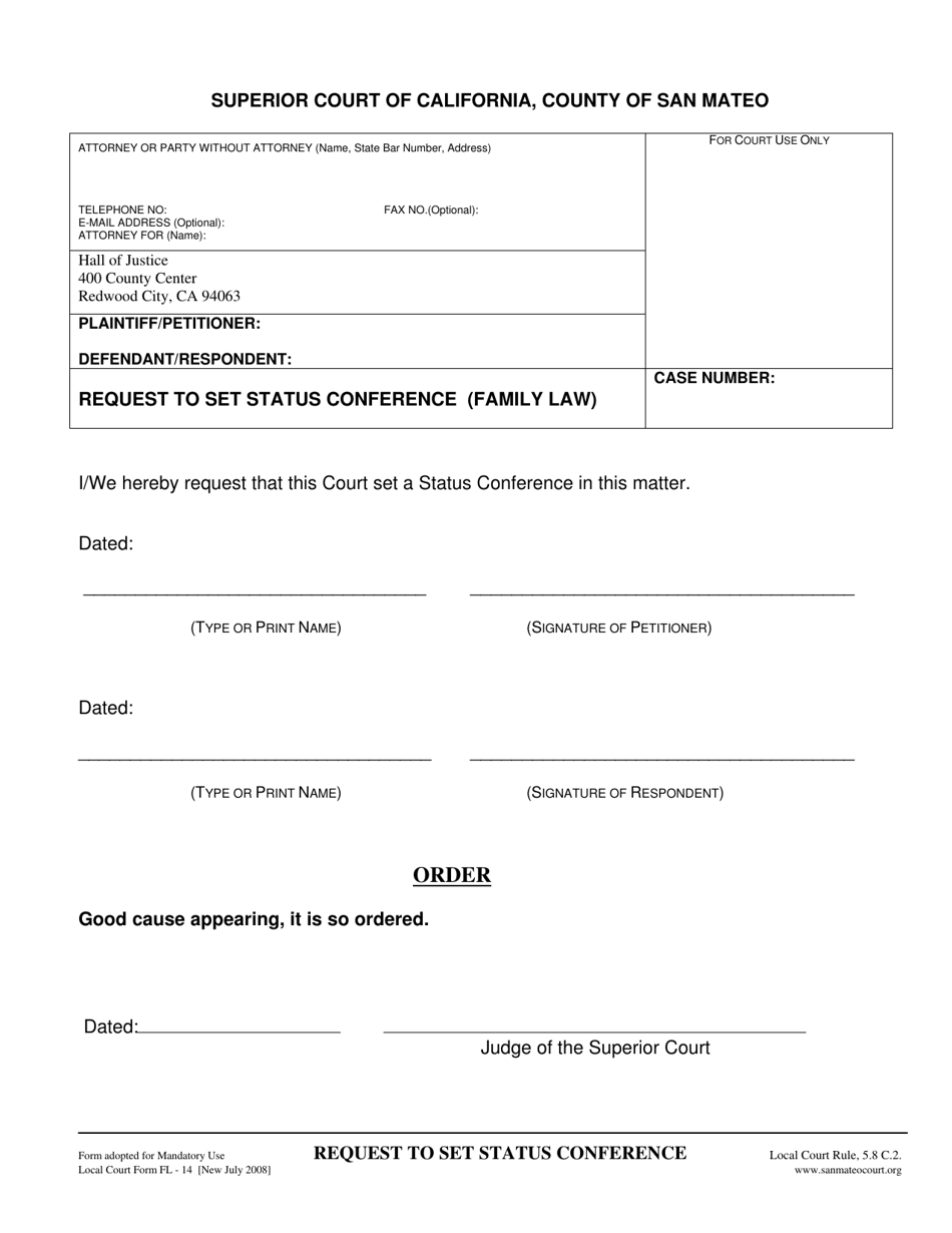 Form FL-14 Request to Set Status Conference - County of San Mateo, California, Page 1