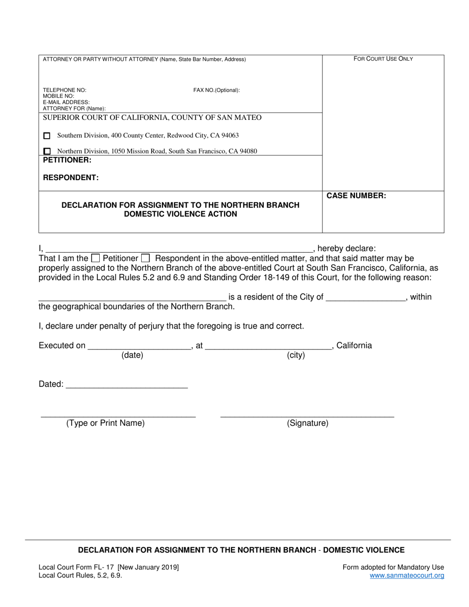 Form FL-17 Declaration for Assignment to the Northern Department - Domestic Violence Action - County of San Mateo, California, Page 1