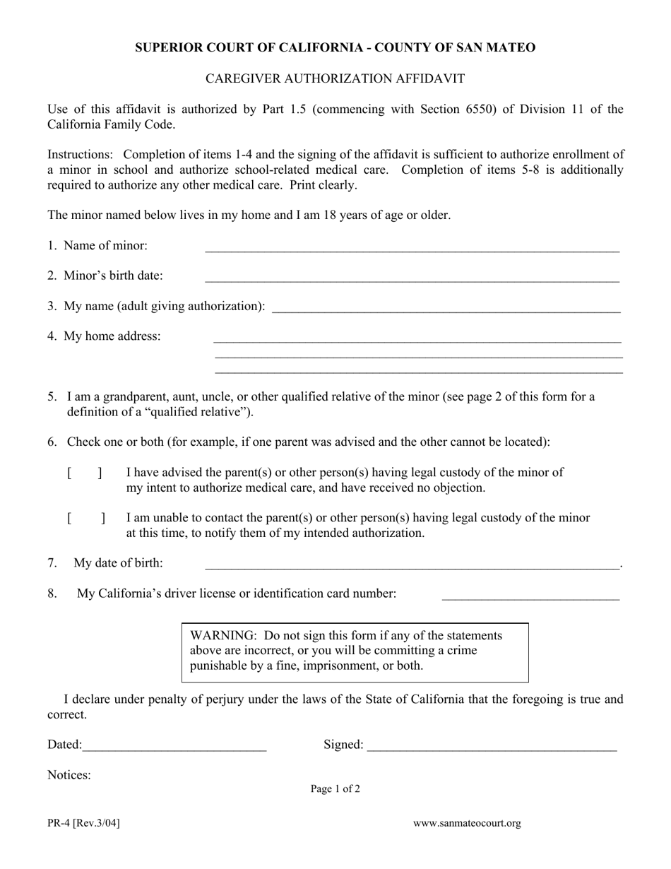 Form PR-4 Caregiver Authorization Affidavit - County of San Mateo, California, Page 1
