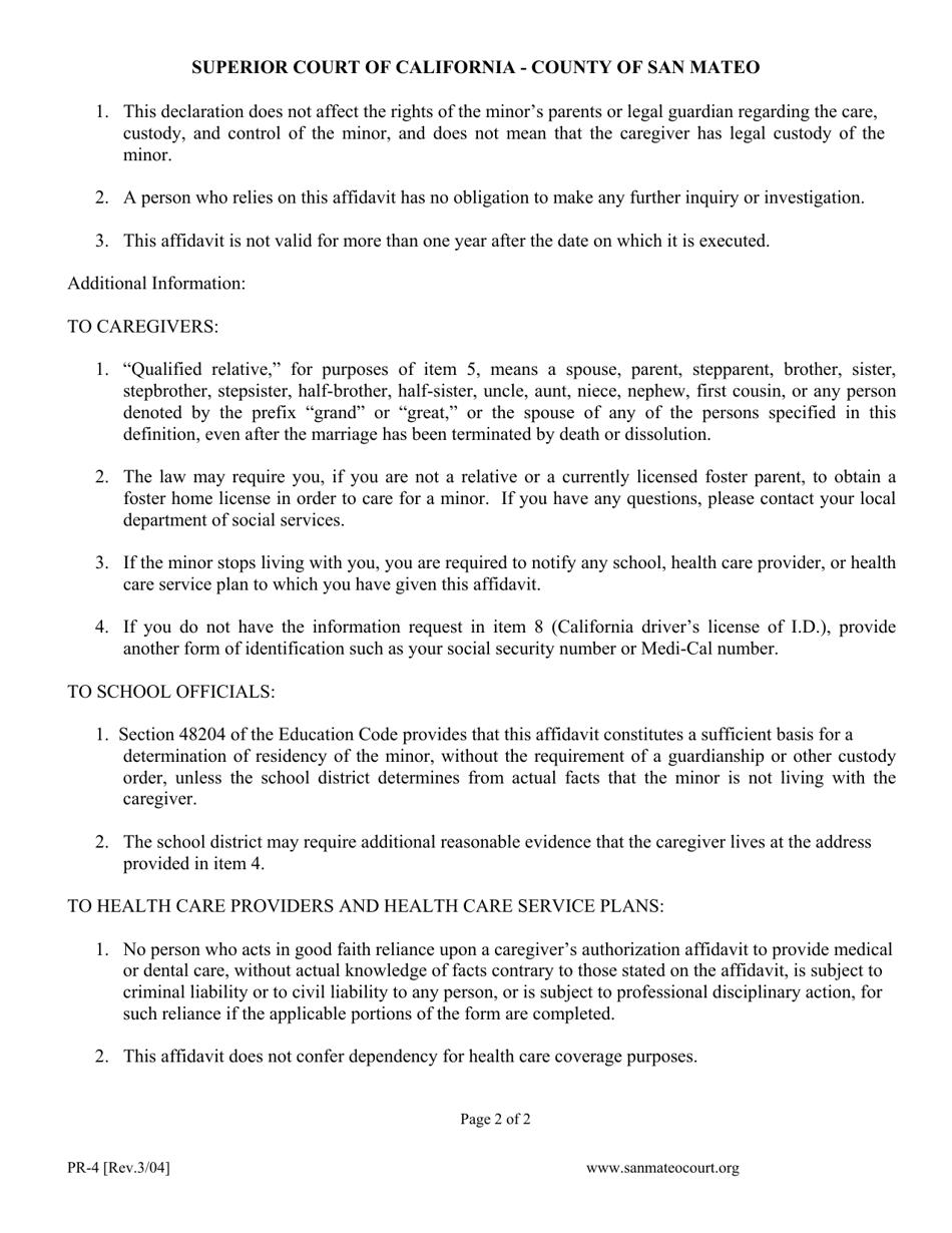 Form PR-4 Caregiver Authorization Affidavit - County of San Mateo, California, Page 2