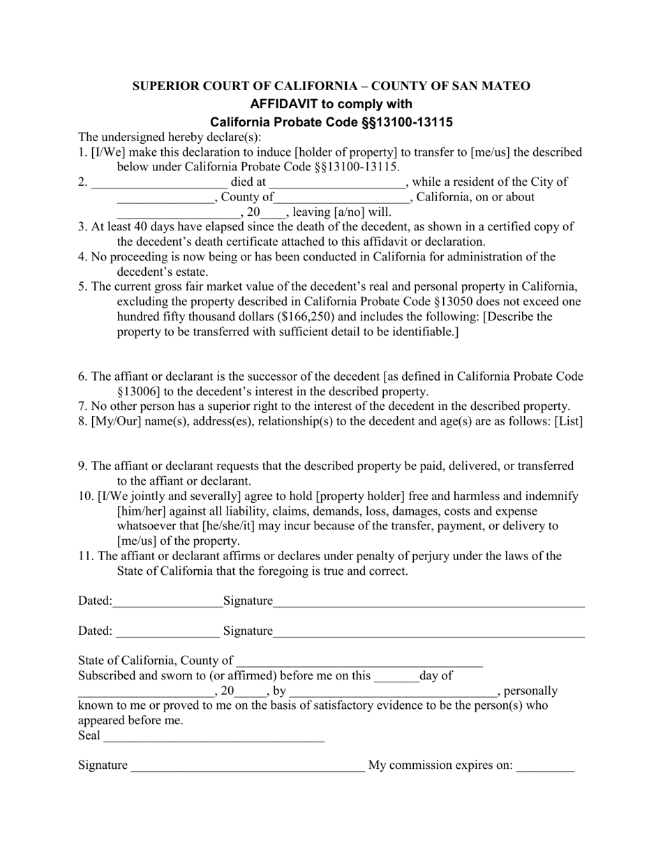 Form PR-8 Affidavit to Comply With California Probate Code 13100-13115 - County of San Mateo, California, Page 1