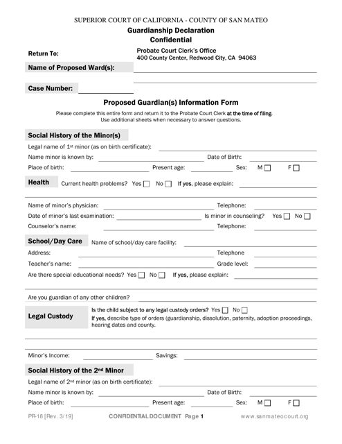 Form PR-18 Guardianship Declaration Confidential - County of San Mateo, California