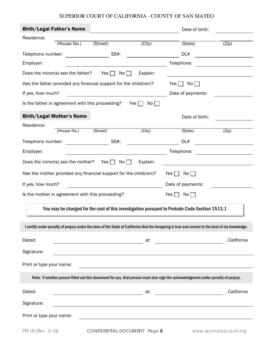 Form PR-18 Guardianship Declaration Confidential - County of San Mateo, California, Page 5