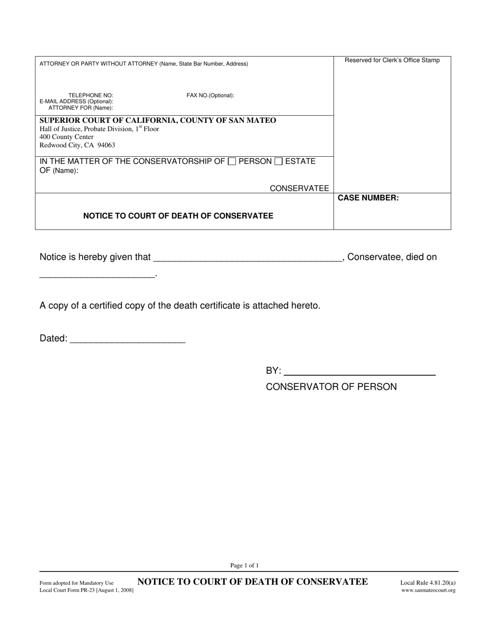 Form PR-23 Notice to Court of Death of Conservatee - County of San Mateo, California, Page 1