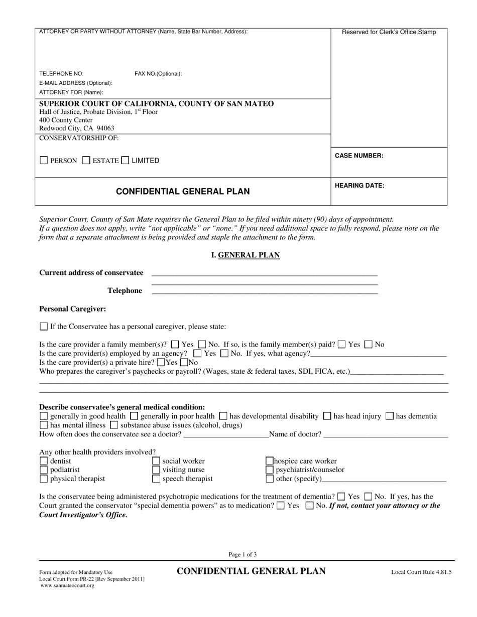 Form PR-22 Confidential General Plan - County of San Mateo, California, Page 1