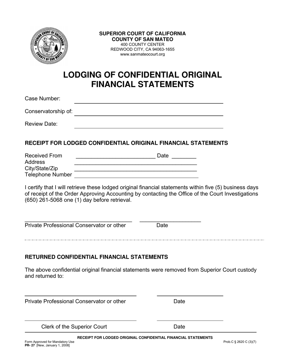 Form PR-27 Receipt for Lodged Original Financial Statements - County of San Mateo, California, Page 1