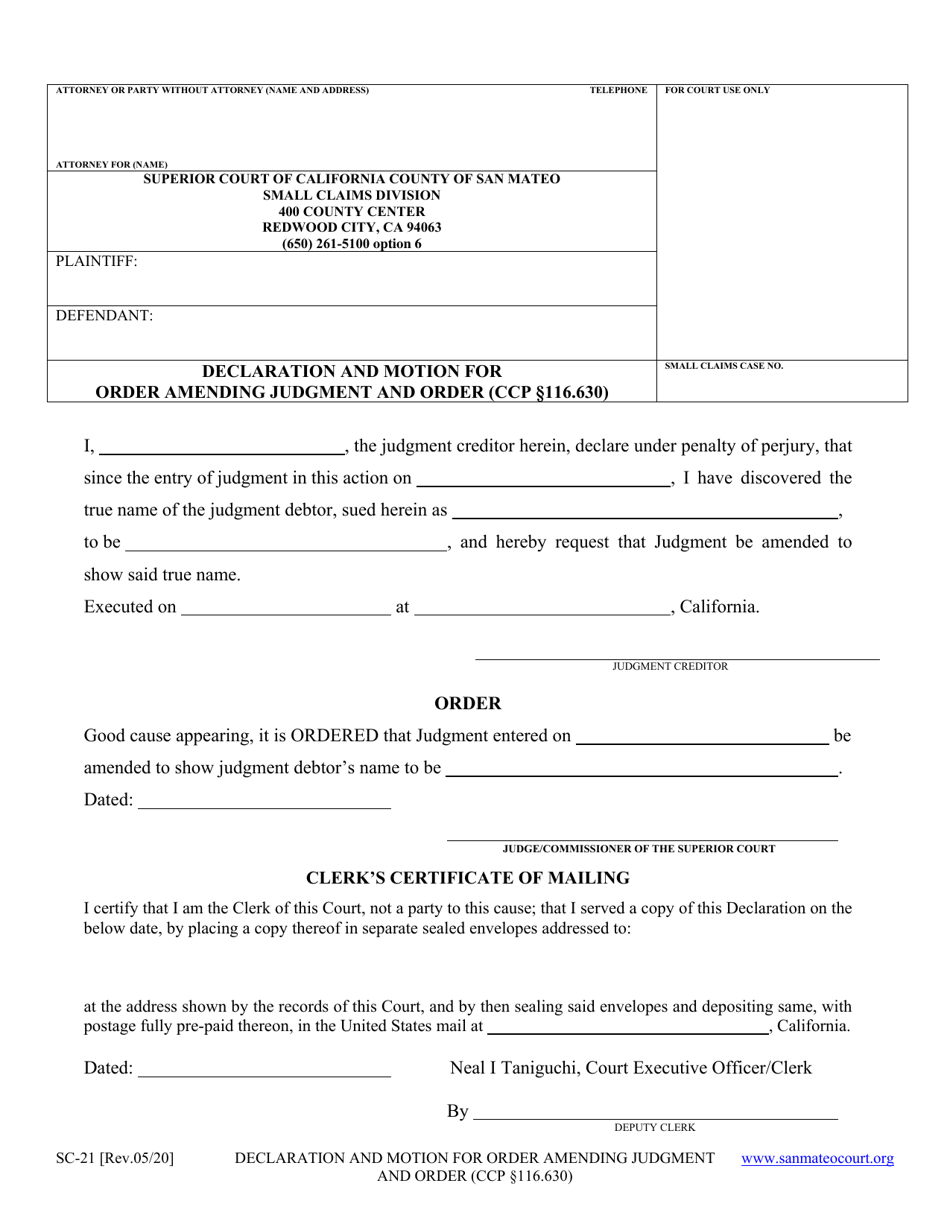 Form SC-21 Declaration and Motion for Order Amending Judgment and Order - County of San Mateo, California, Page 1