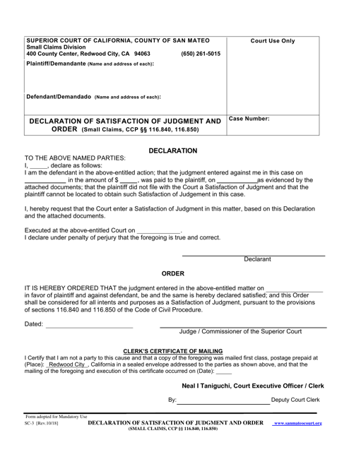Form SC-3 Declaration of Satisfaction of Judgment and Order - County of San Mateo, California