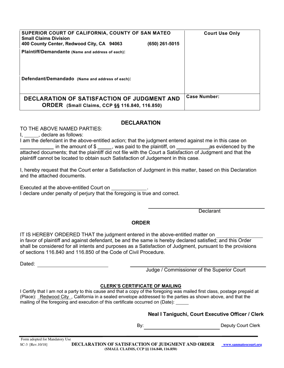 Form SC-3 Declaration of Satisfaction of Judgment and Order - County of San Mateo, California, Page 1