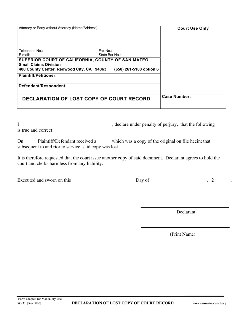 Form SC-31 Declaration of Lost Copy of Court Record - County of San Mateo, California, Page 1