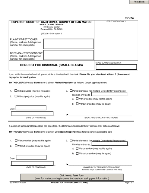Form SC-24 Request for Dismissal (Small Claims) - County of San Mateo, California