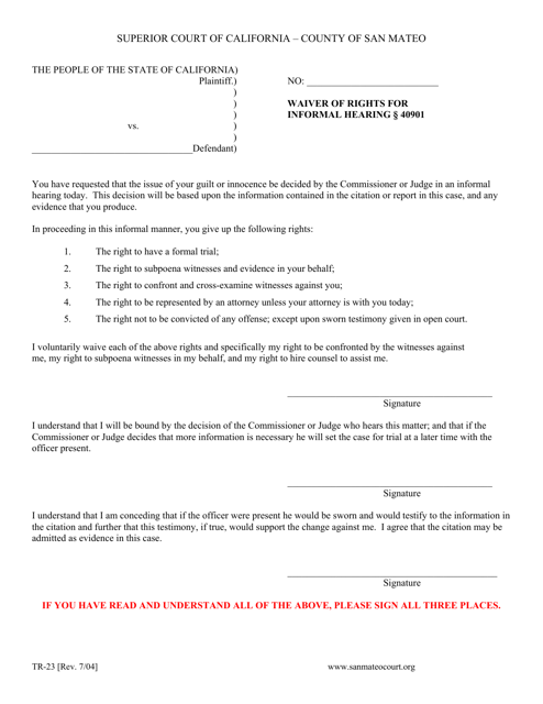 Form TR-23 Waiver of Rights for Informal Hearing 40901 - County of San Mateo, California