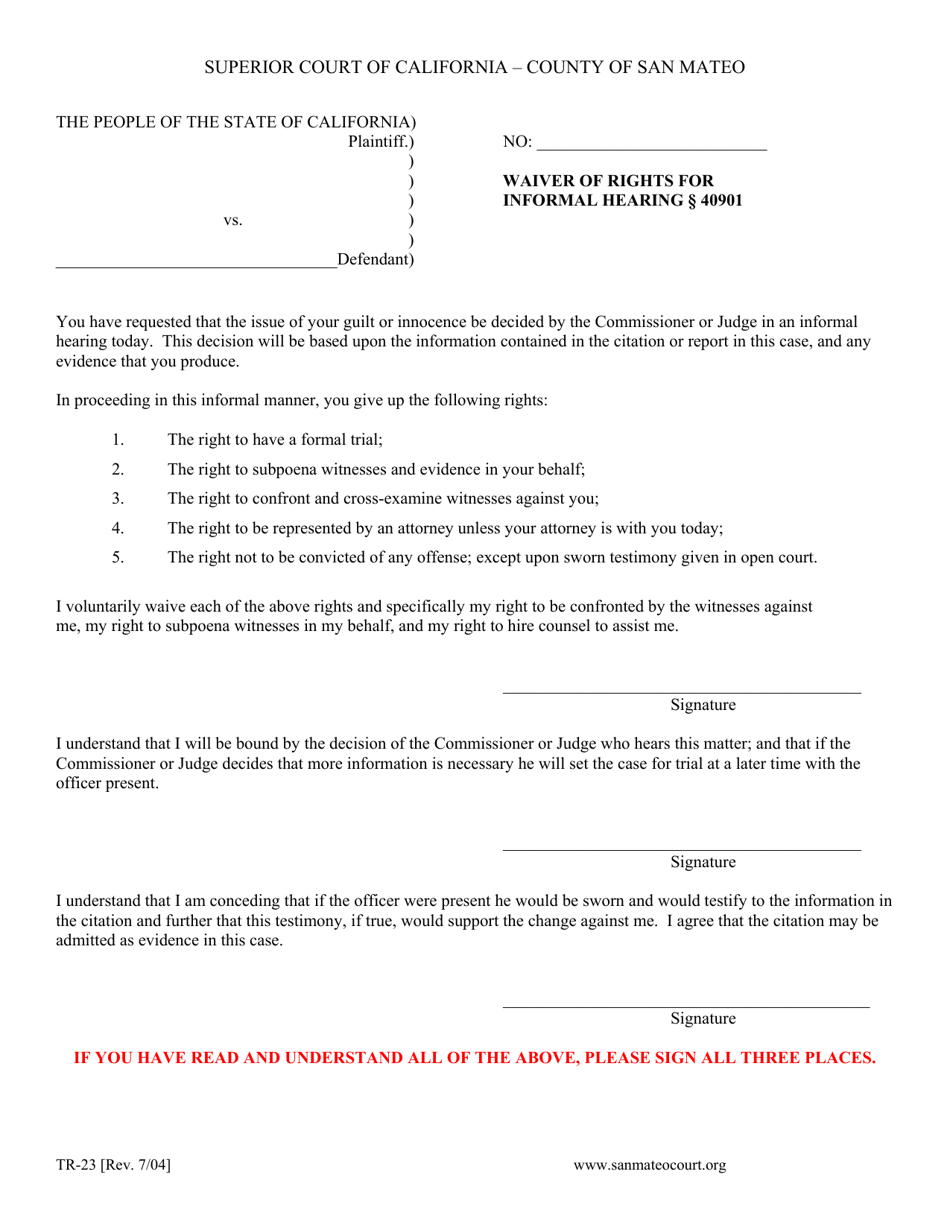 Form TR-23 Waiver of Rights for Informal Hearing 40901 - County of San Mateo, California, Page 1